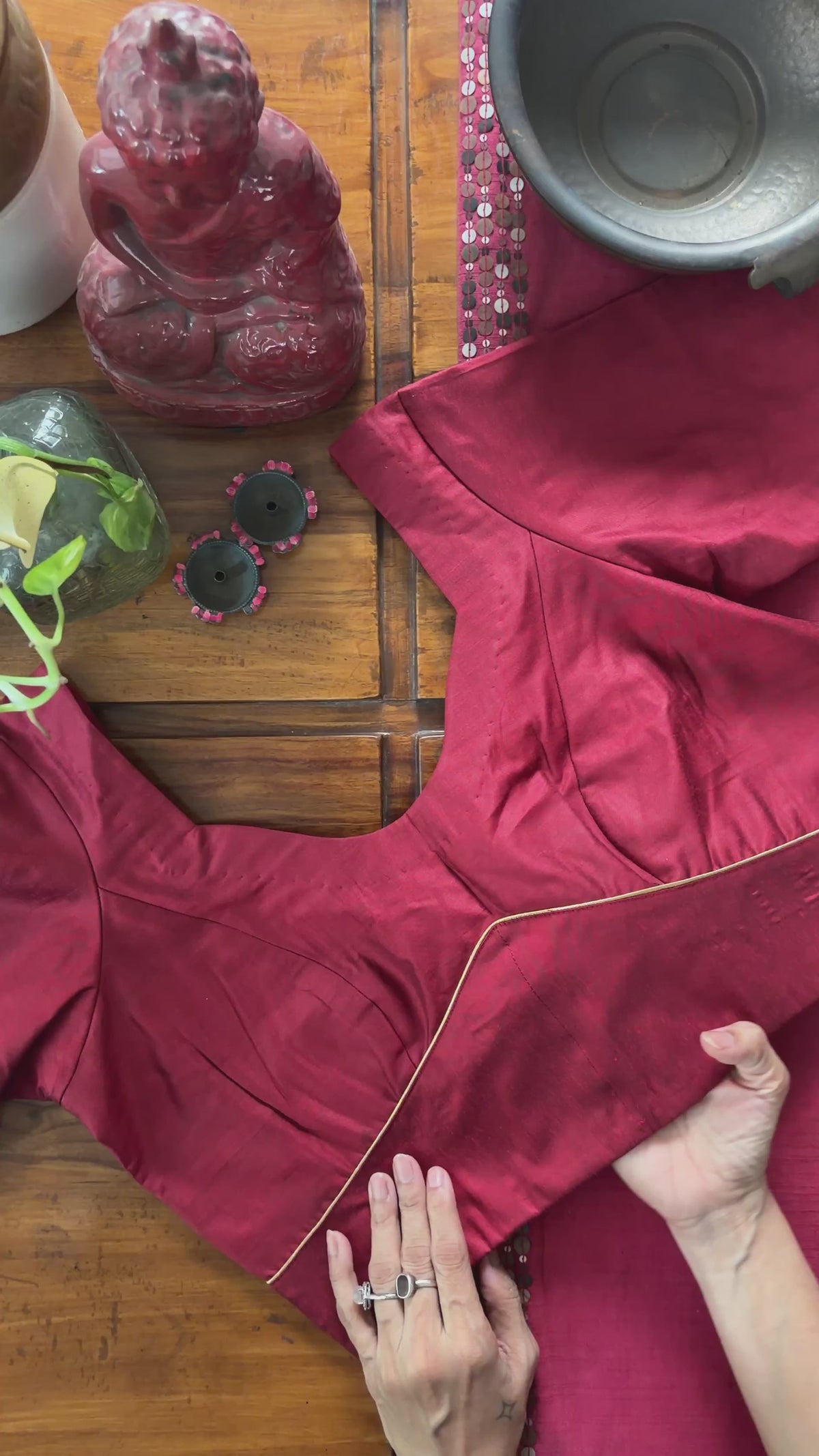 B081 Wine Silk Piped Blouse