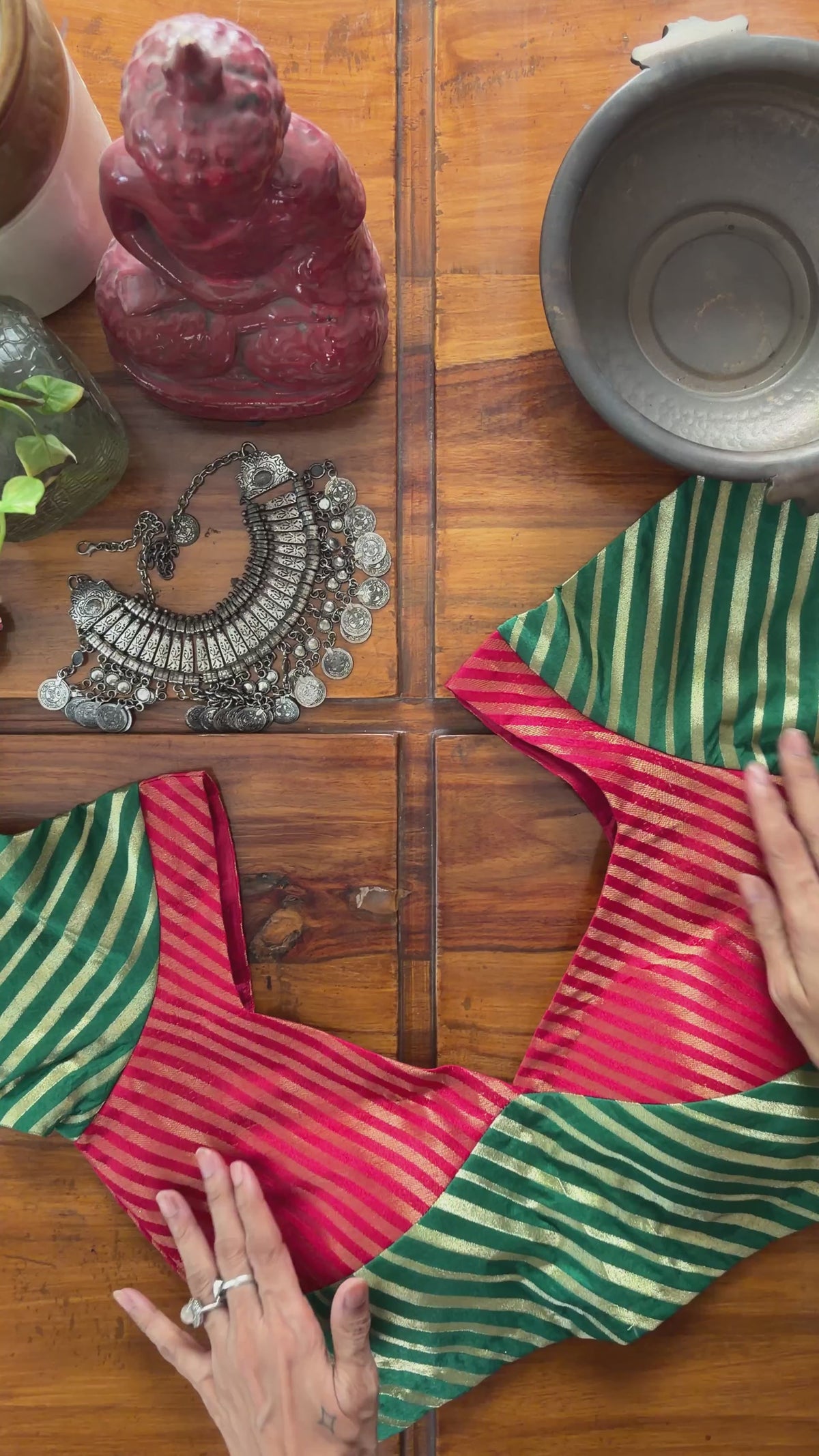B091 Red Green Striped Silk Blouse