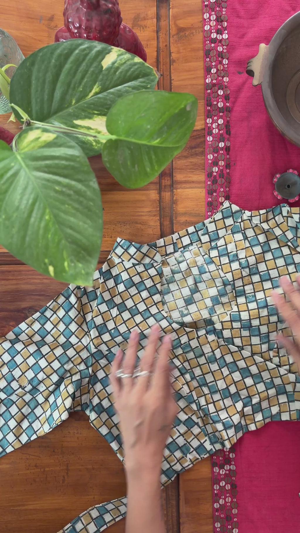 CC011 Teal Diamond-Tile Handblock Blouse