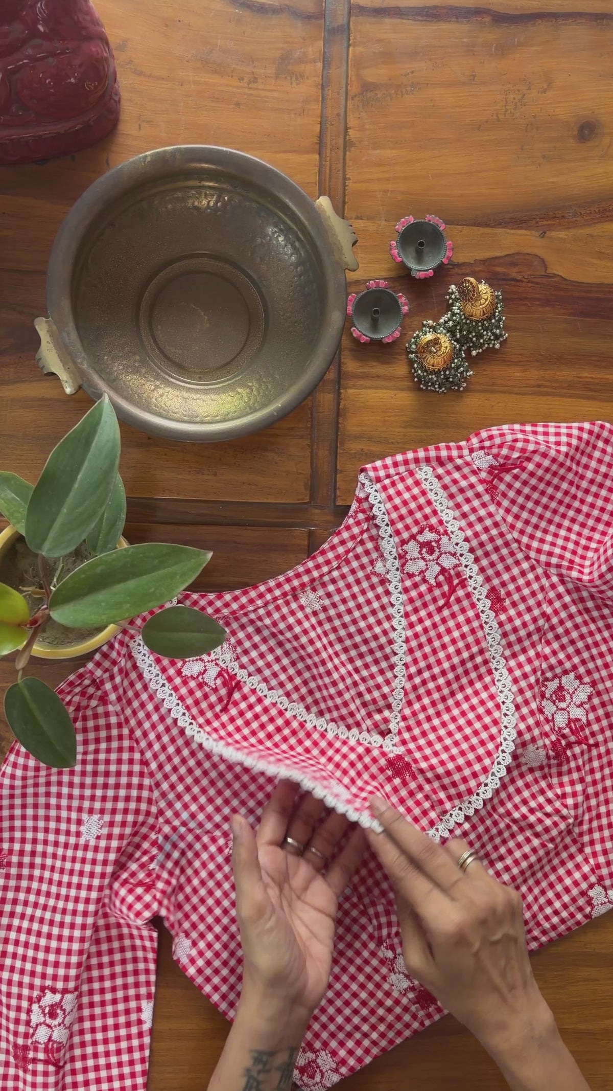 CC030 Red Gingham Embroidered Blouse