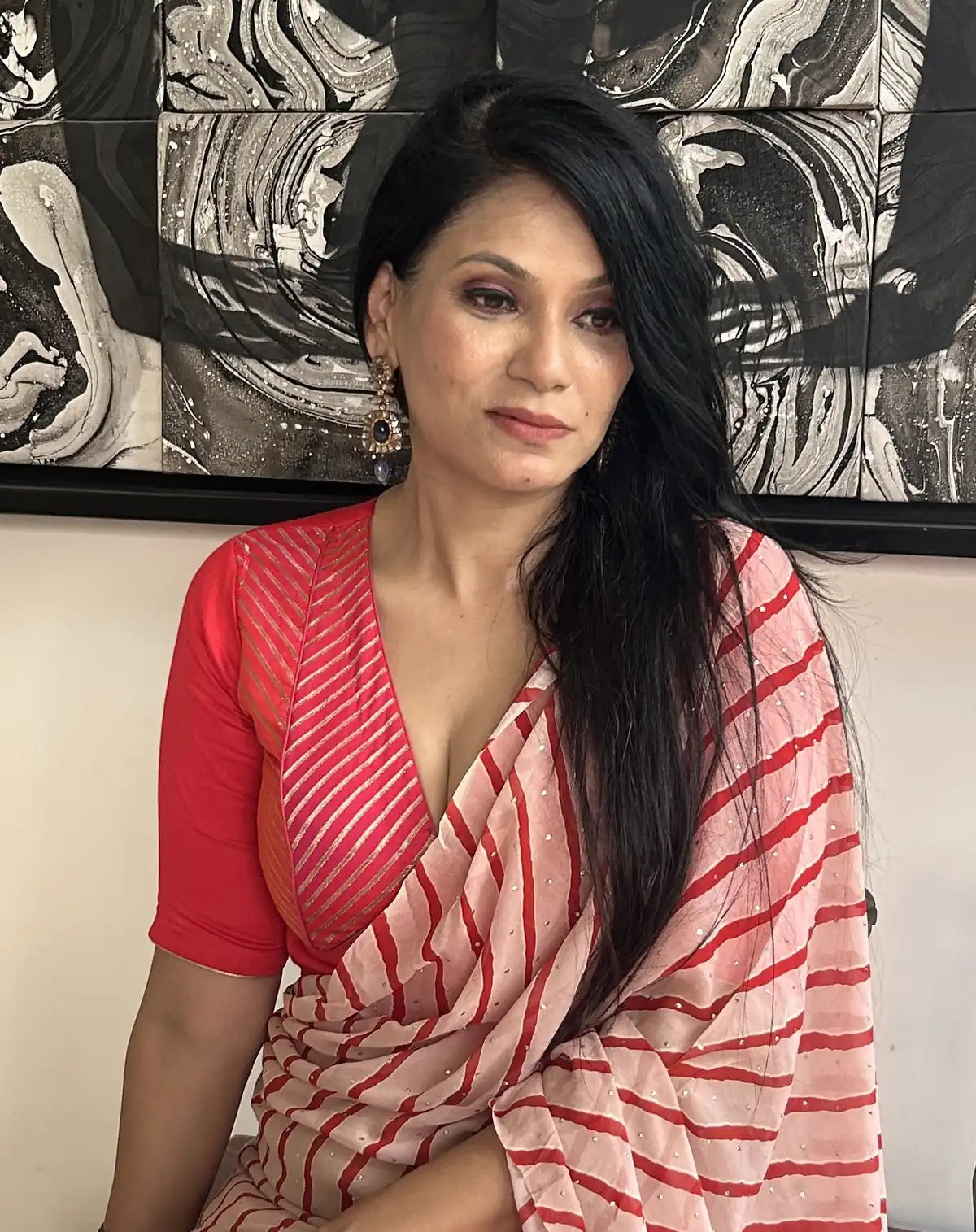 Red Striped V-Neck Blouse