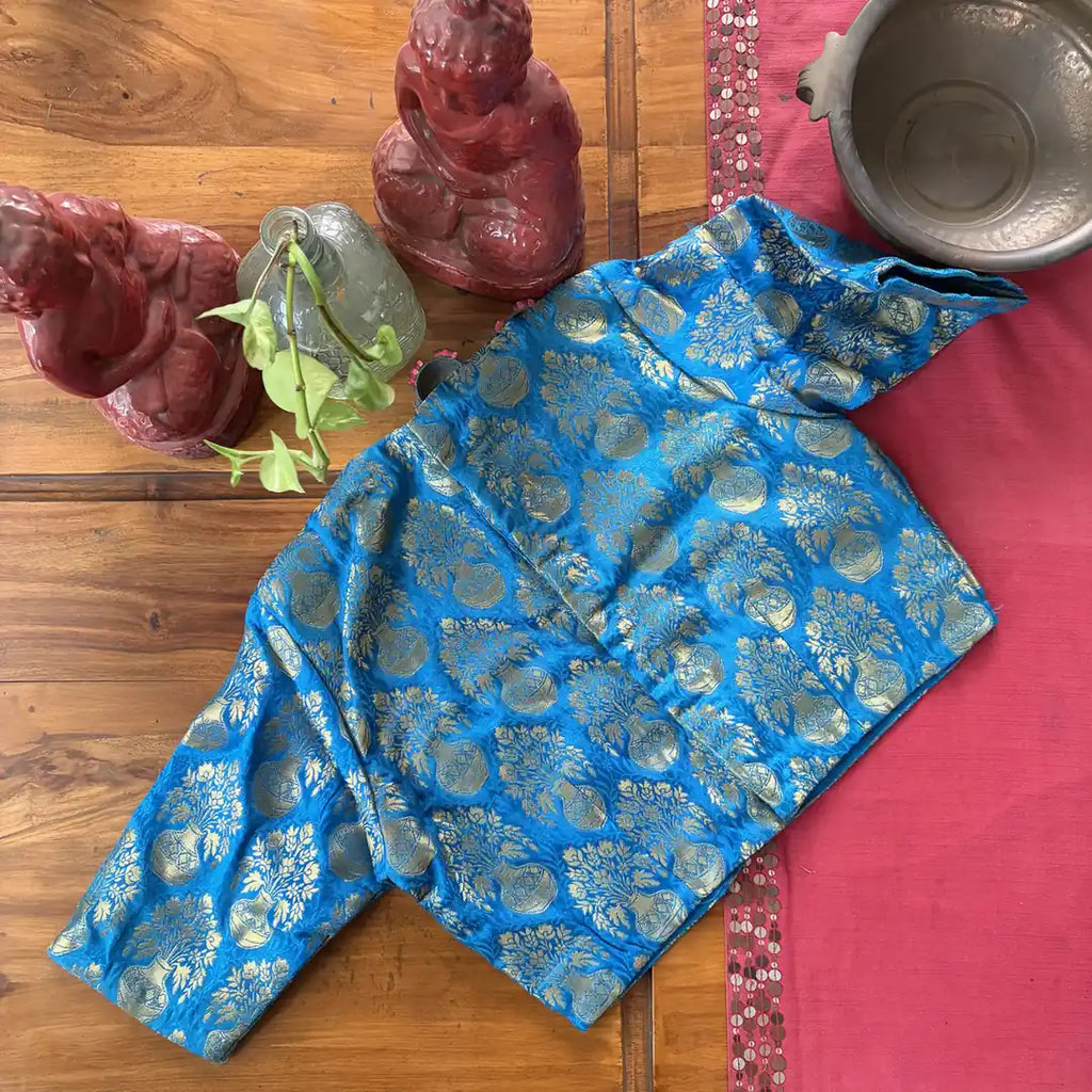 Blue Brocade Embroidered Yoke Blouse