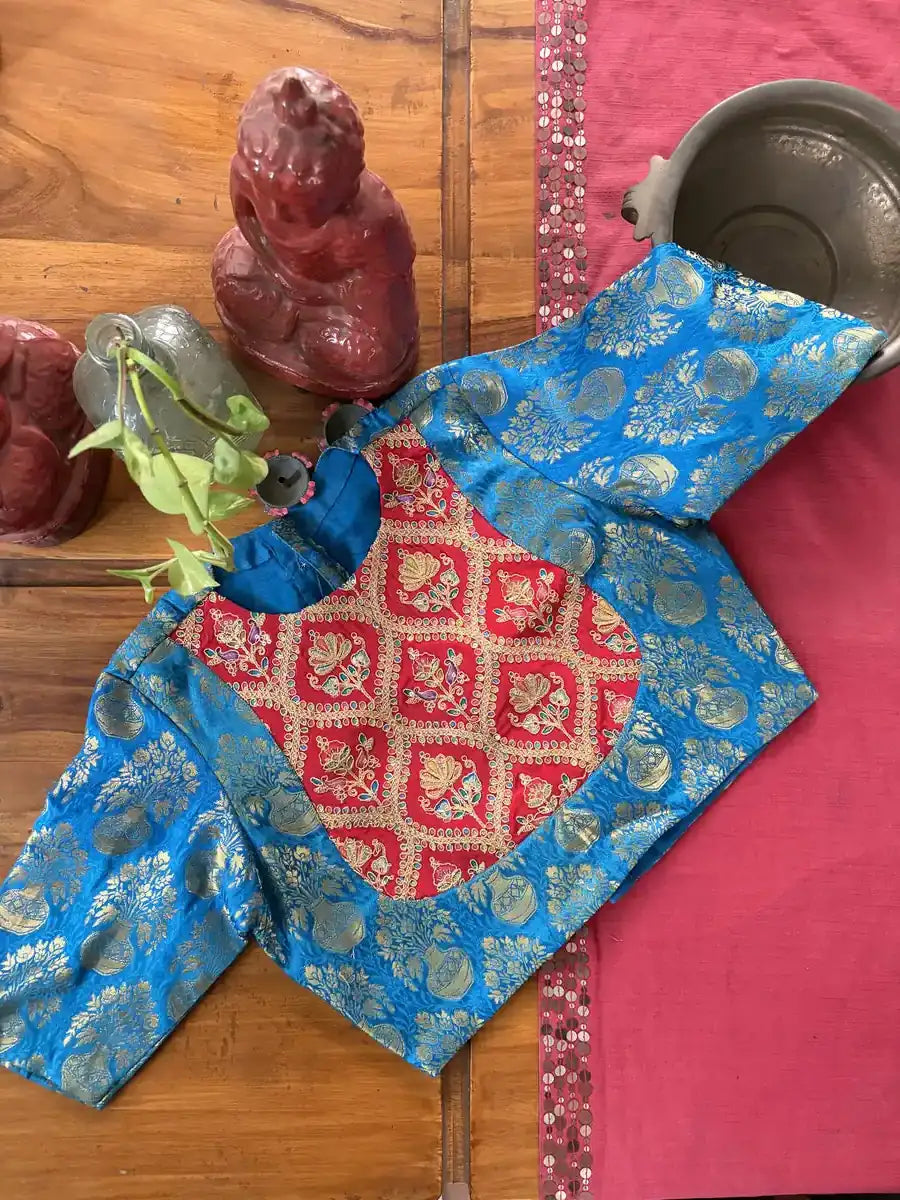 Blue Brocade Embroidered Yoke Blouse