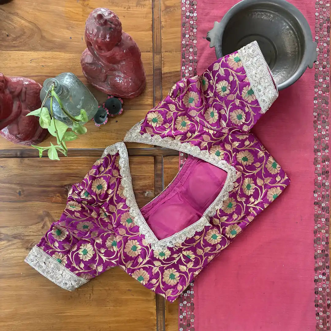 Magenta Floral Brocade Puff-Sleeve Blouse