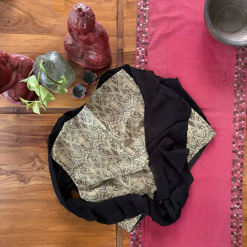 Black and Gold Paisley Puff-Sleeve Blouse