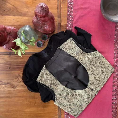 Black and Gold Paisley Puff-Sleeve Blouse