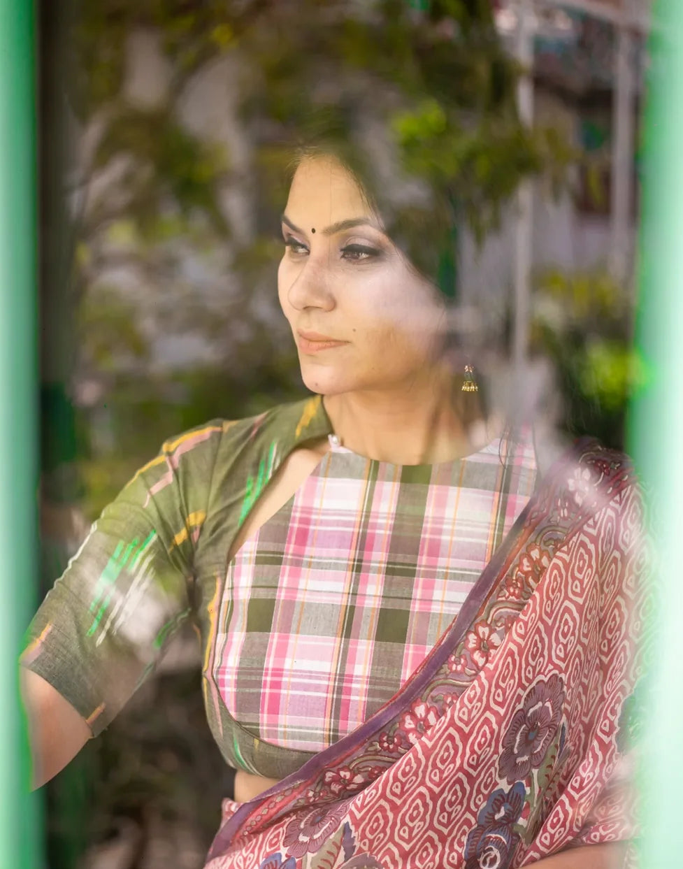 Ikkat and Madras Checks Print Blouse