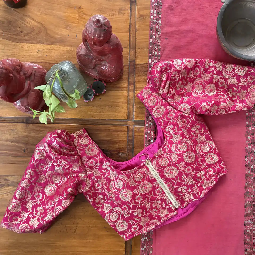 Rani Pink Brocade Puff-Sleeve Blouse