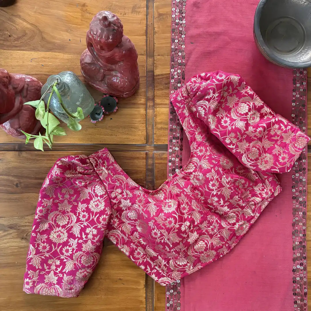 Rani Pink Brocade Puff-Sleeve Blouse