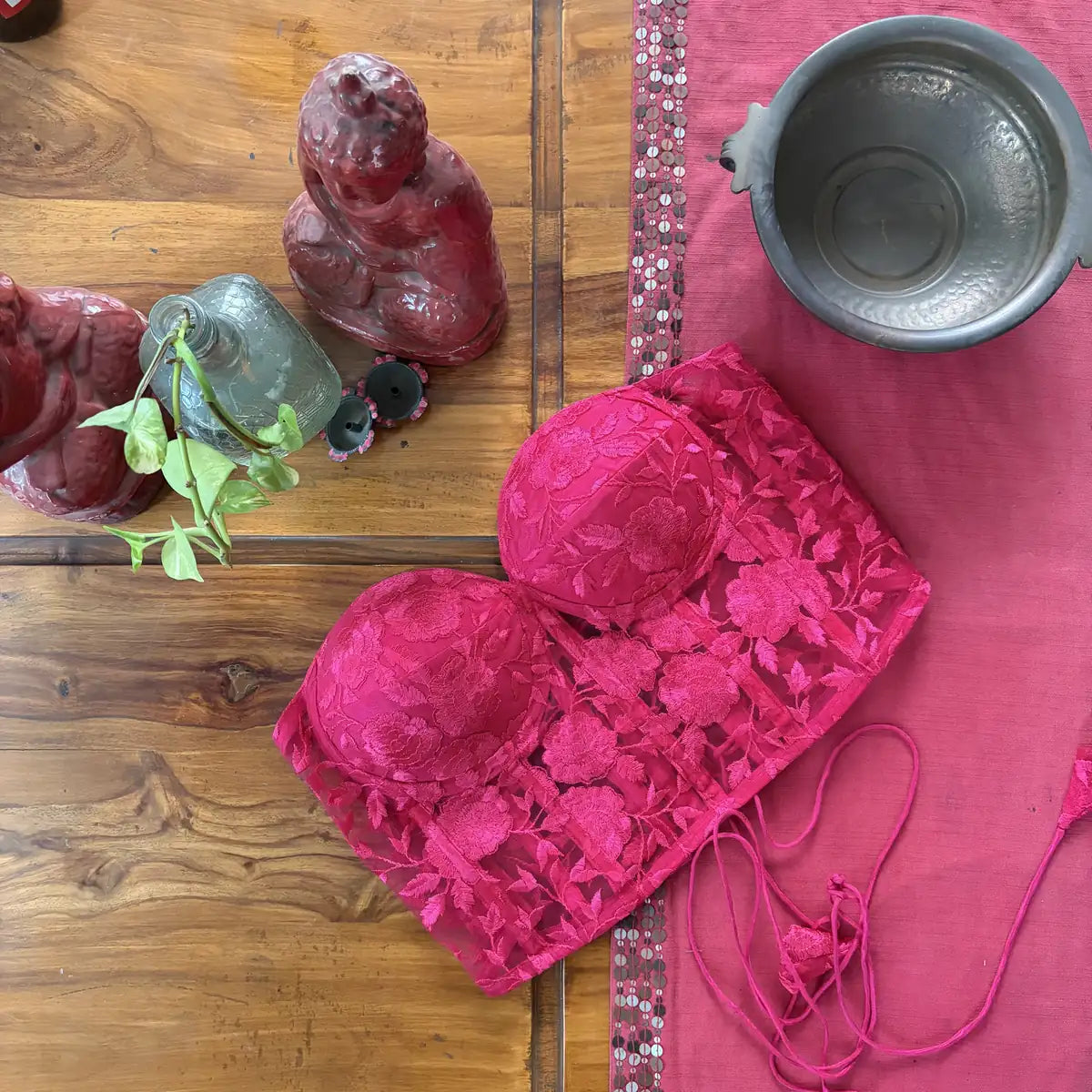 Rose Pink Embroidered Net Halter Blouse