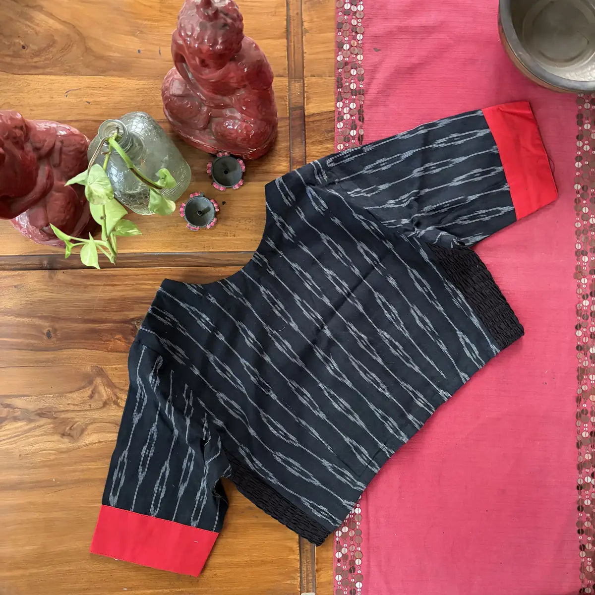 Black Ikat Blouse with Red Trim