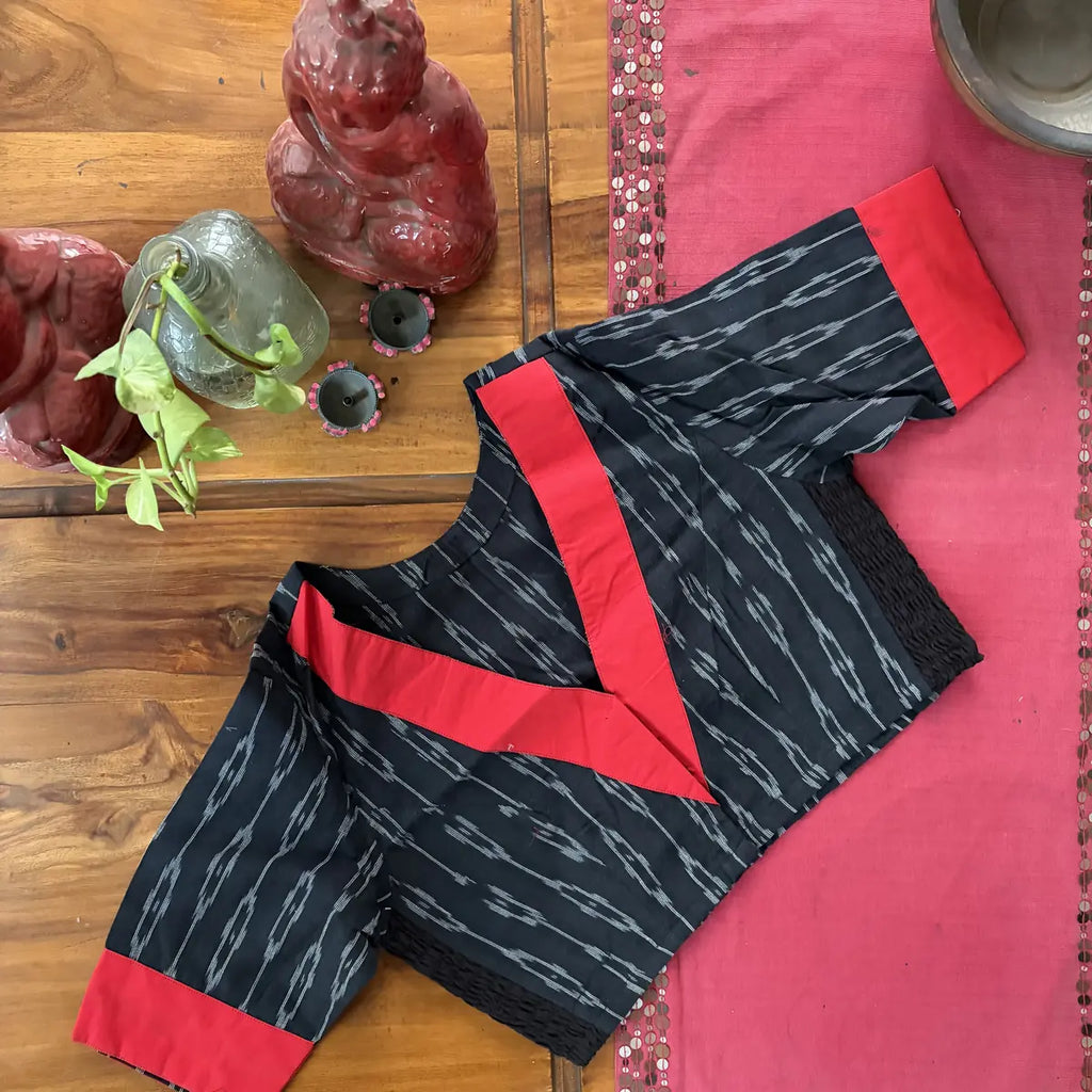 Black Ikat Blouse with Red Trim