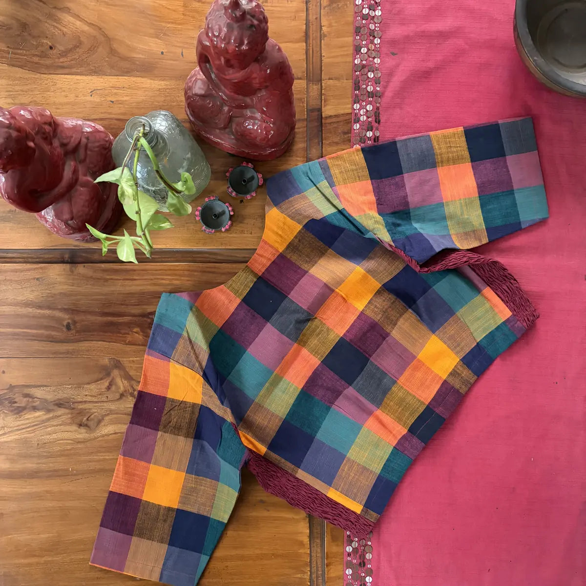 Multicolour Check Smocked Blouse