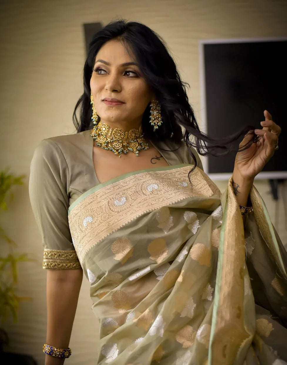 Sage Green with Gold Border Blouse