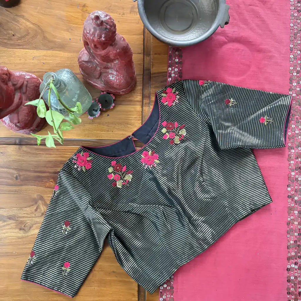 Black Striped Organza Embroidered Blouse
