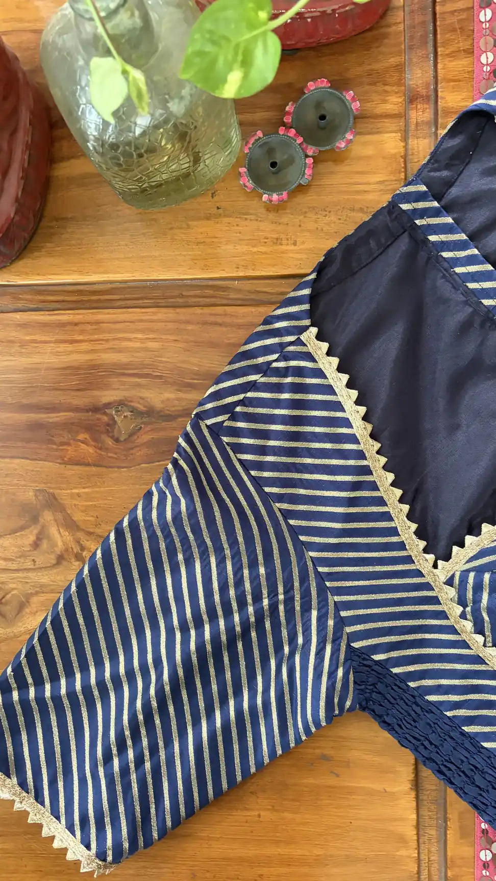 Navy Gold-Striped Smocked Blouse