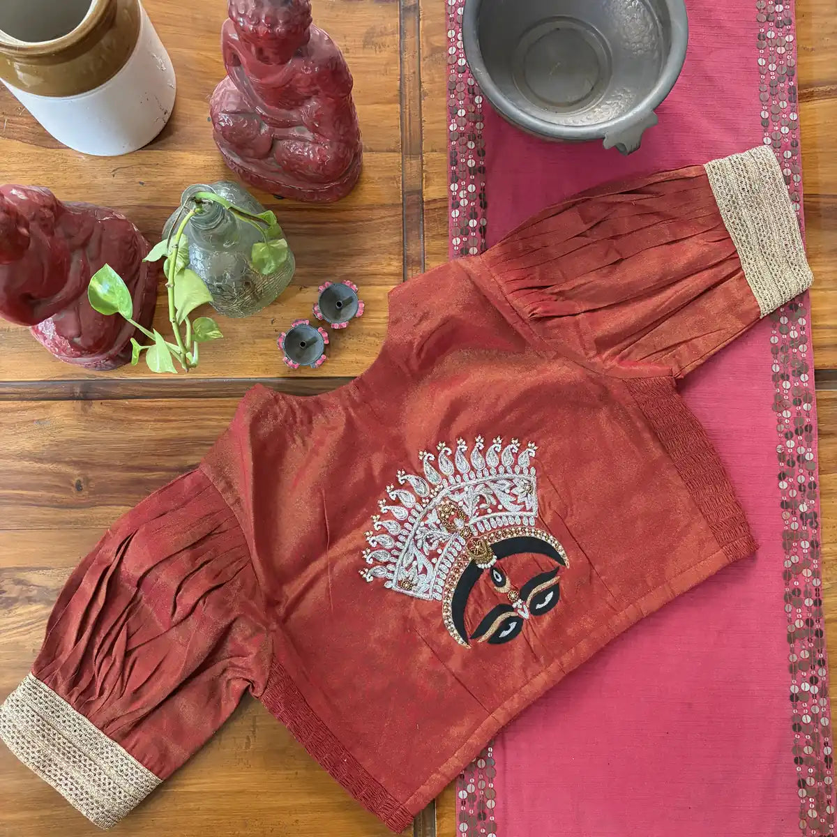 Rust Shot-Silk Smocked Blouse
