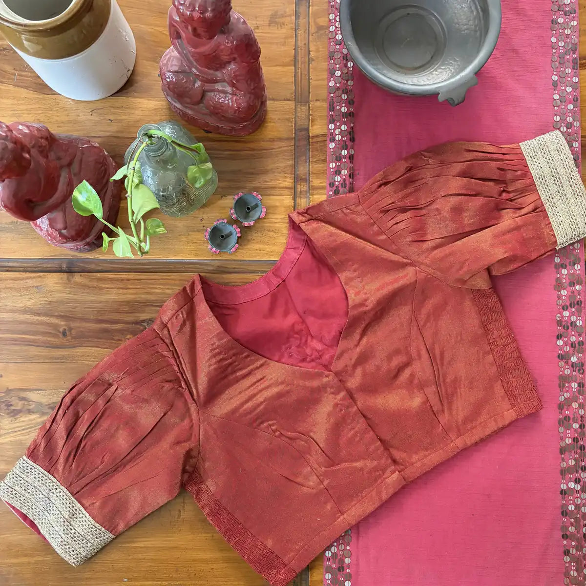 Rust Shot-Silk Smocked Blouse