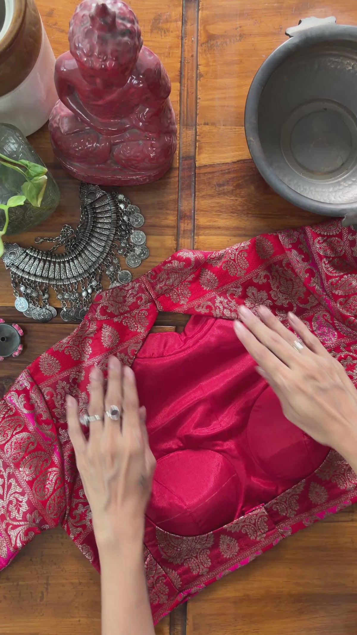 B072 Crimson Medallion Brocade Blouse
