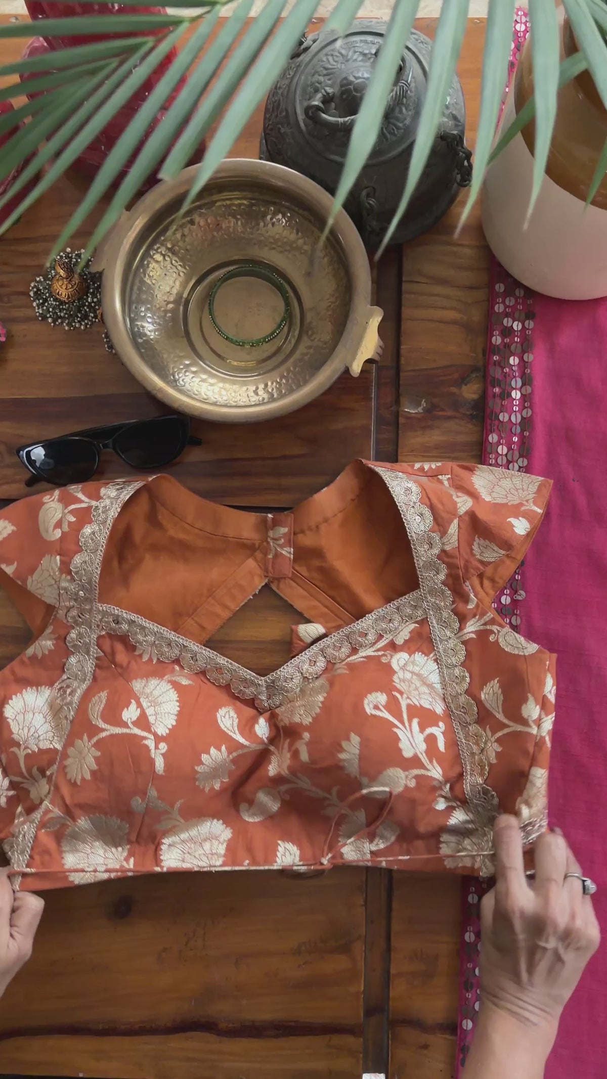 B092 Rust Floral Brocade Blouse