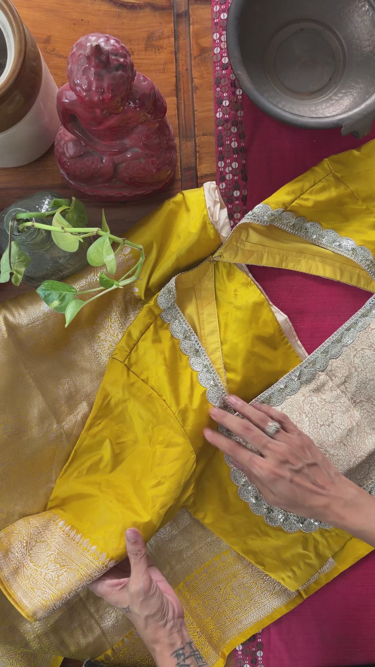 B086 Mustard Silk Blouse with Silver Lace