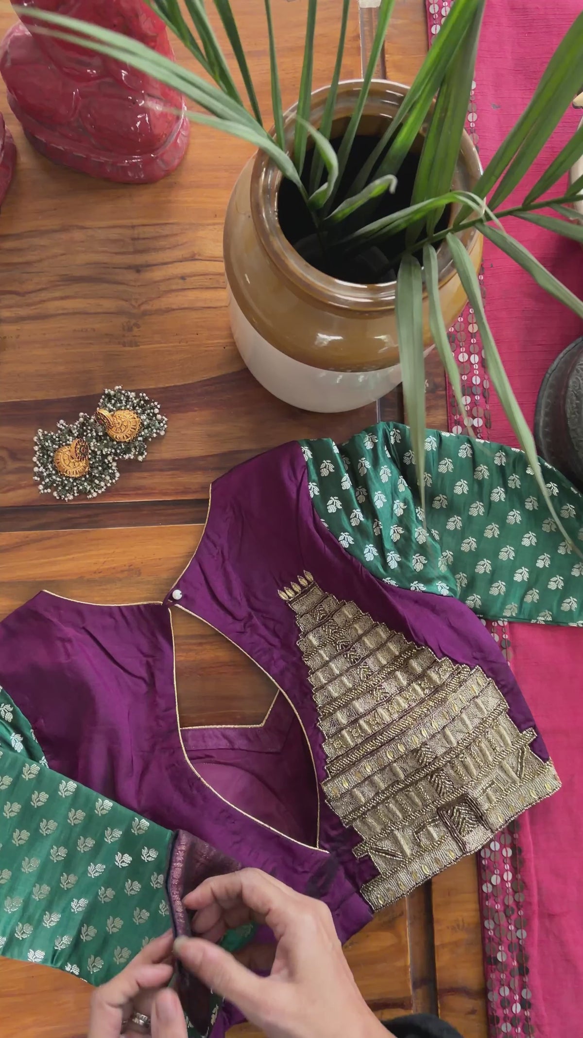 E002 Purple Green Embroidered Blouse