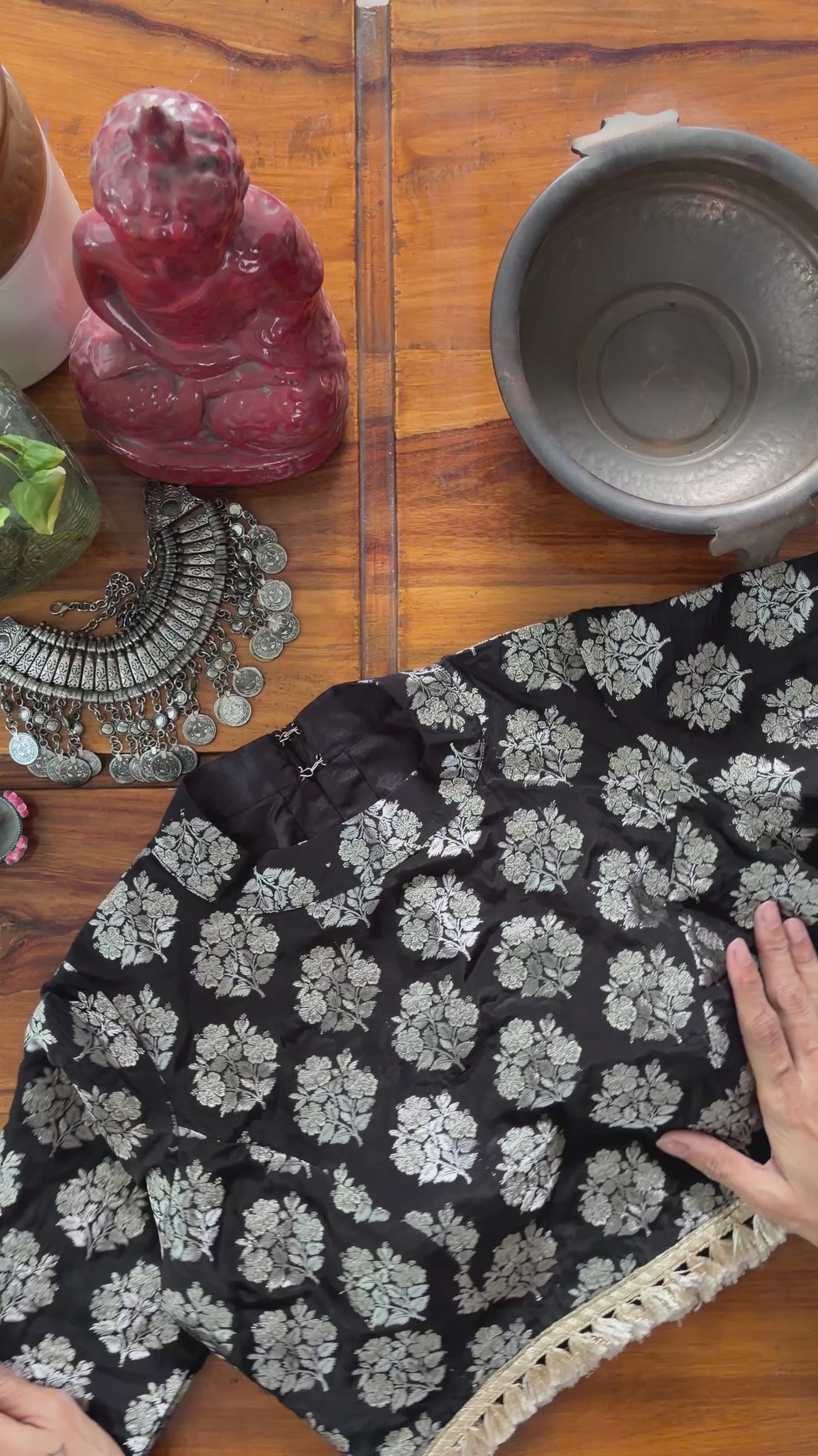 B094 Black Silver Floral Brocade Blouse
