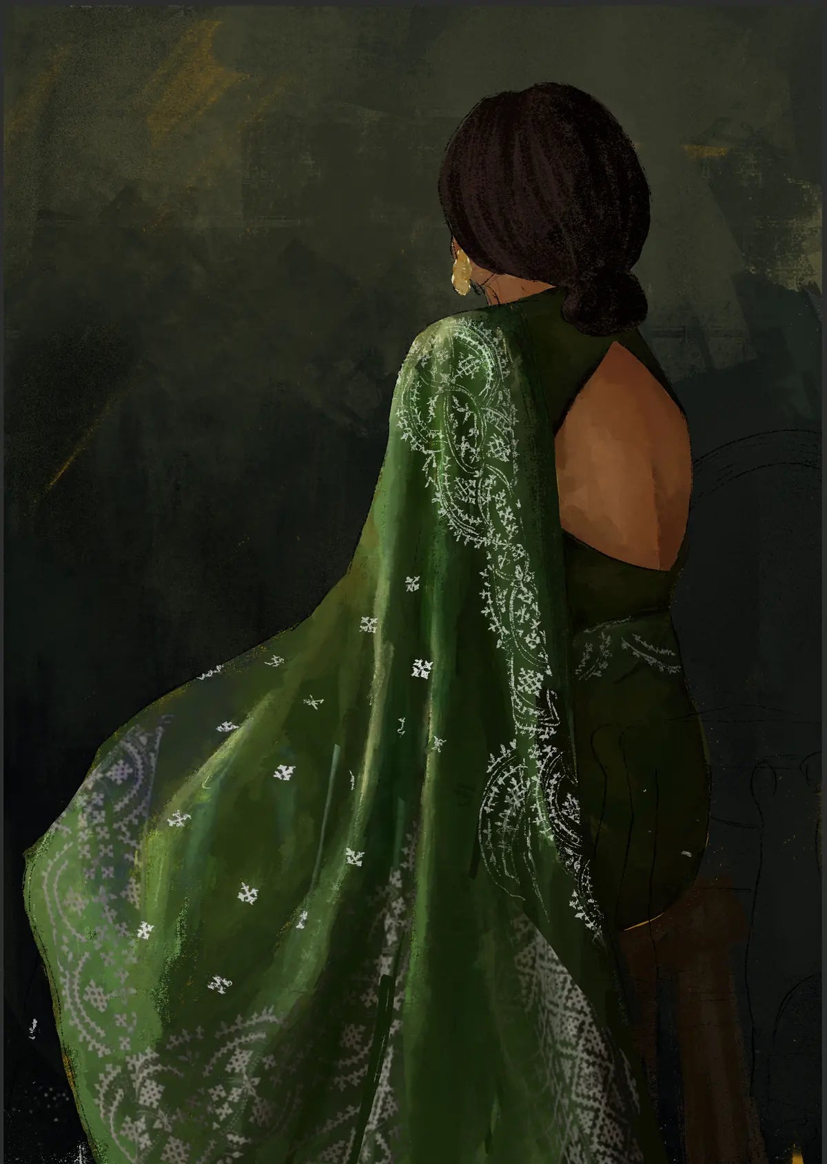 Illustration of a woman in a green sapphire-toned saree, back view