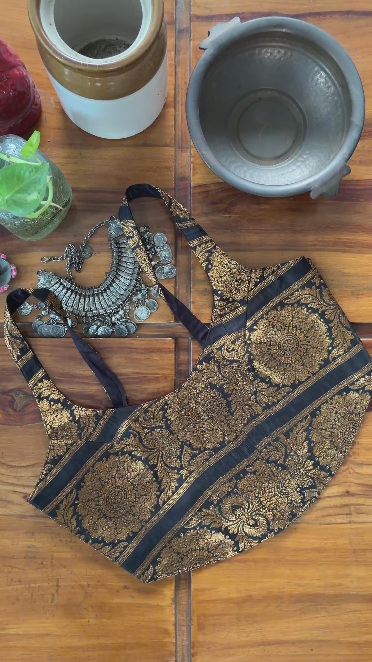 Black Gold Brocade Border Blouse